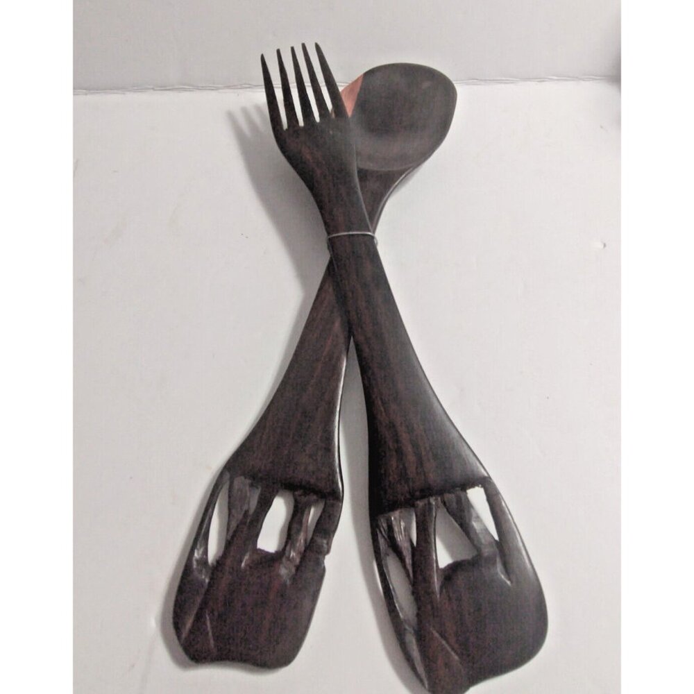 Vintage African Hand Carved Wooden Salad Fork & Spoon 12.5" Elephant  handles